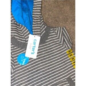 Carter's Gray & White Striped Hooded Romper with Blue Hood Lining